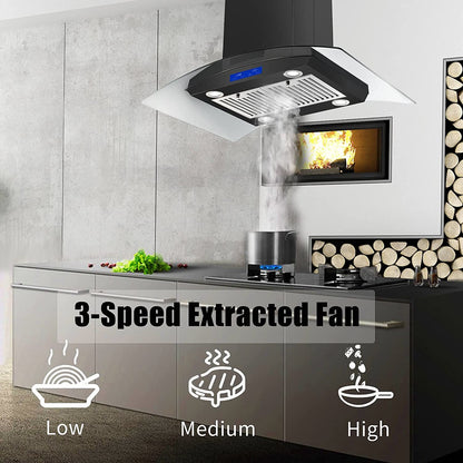 30 inch Stainless Steel Kitchen Island Range Hood 900CFM Tempered Glass 3 Speed Black LEDs