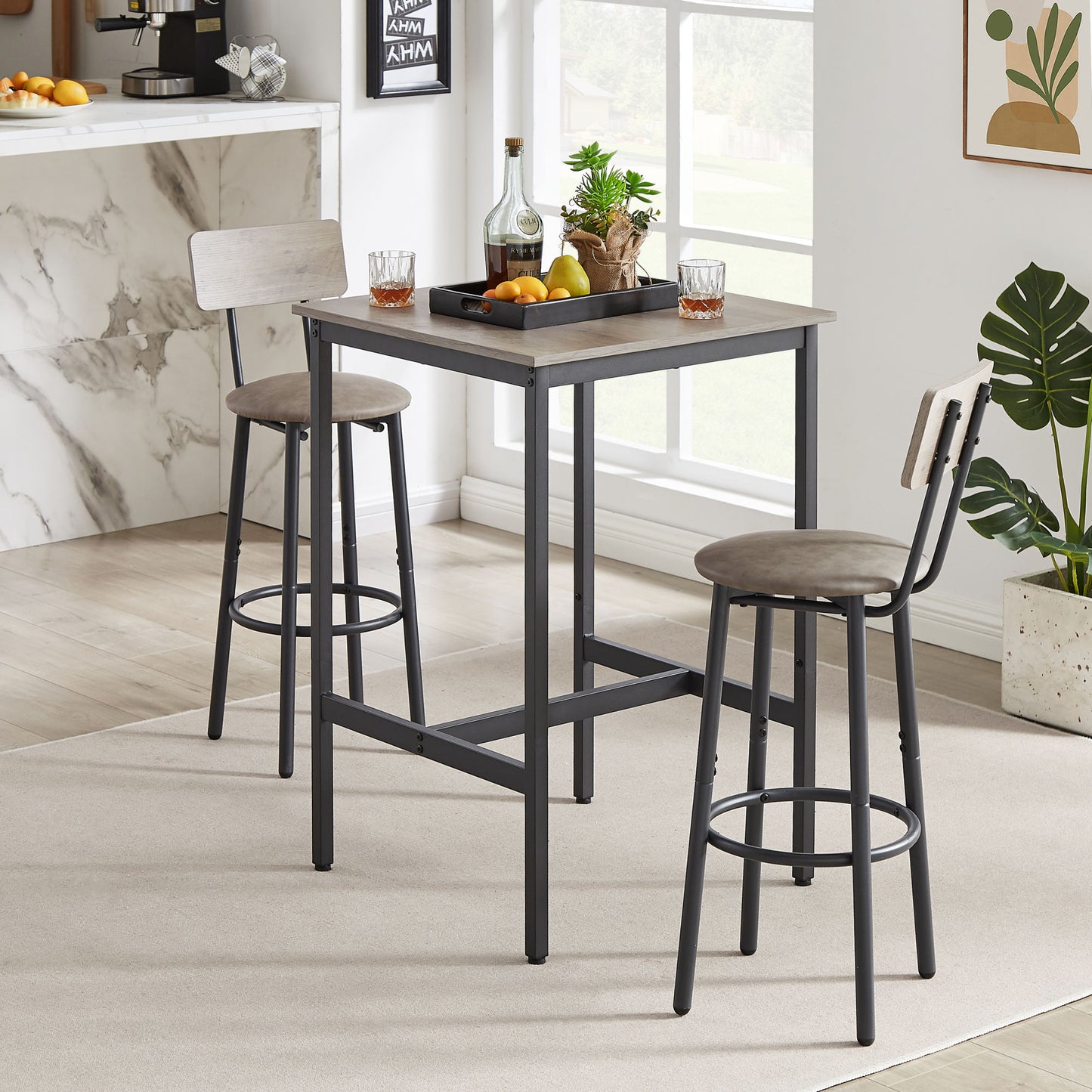 Bar Table Set with 2 Bar stools PU Soft seat with backrest (Grey; 23.62''w x 23.62''d x 35.43''h)