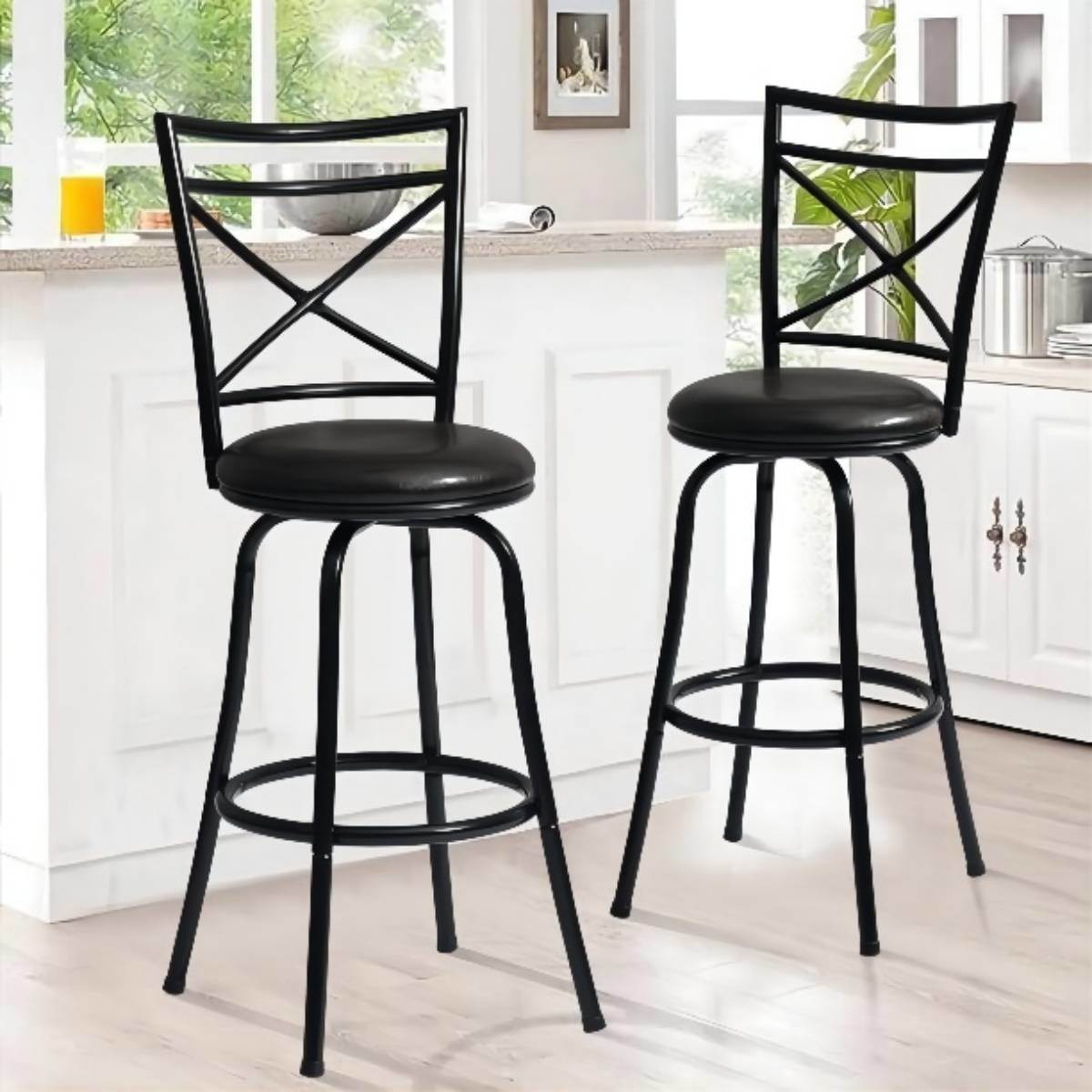 Vintage Industrial Counter Height Bar Stools Set of 2, Swivel Barstools with Metal Back for Kitchen Island, 26 Inch Height Round Seat
