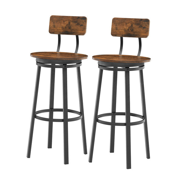 Oval Swivel Bar Stool with Backrest; Set of 2; Industrial; Metal Frame; 29.5" High.(Rustic Brown; 17.5''w x 13.4''d x 40.5''h)