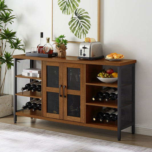 Industrial Wine Bar Cabinet; Liquor Storage Credenza; Sideboard with Wine Racks & Stemware Holder (Hazelnut Brown; 55.12''w x 13.78''d x 30.31' ' h)