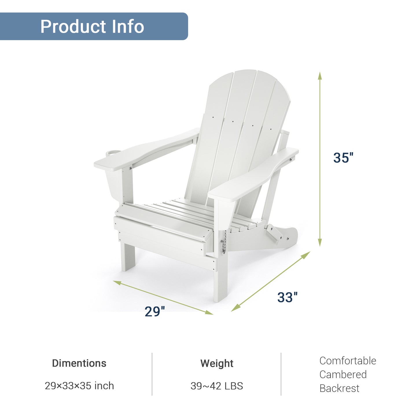 Folding Adirondack Chair with Cup holder, Fire Pit Chair,Patio Outdoor Chairs All-Weather Proof HDPE Resin for BBQ Beach Deck Garden Lawn Backyard (White Color)