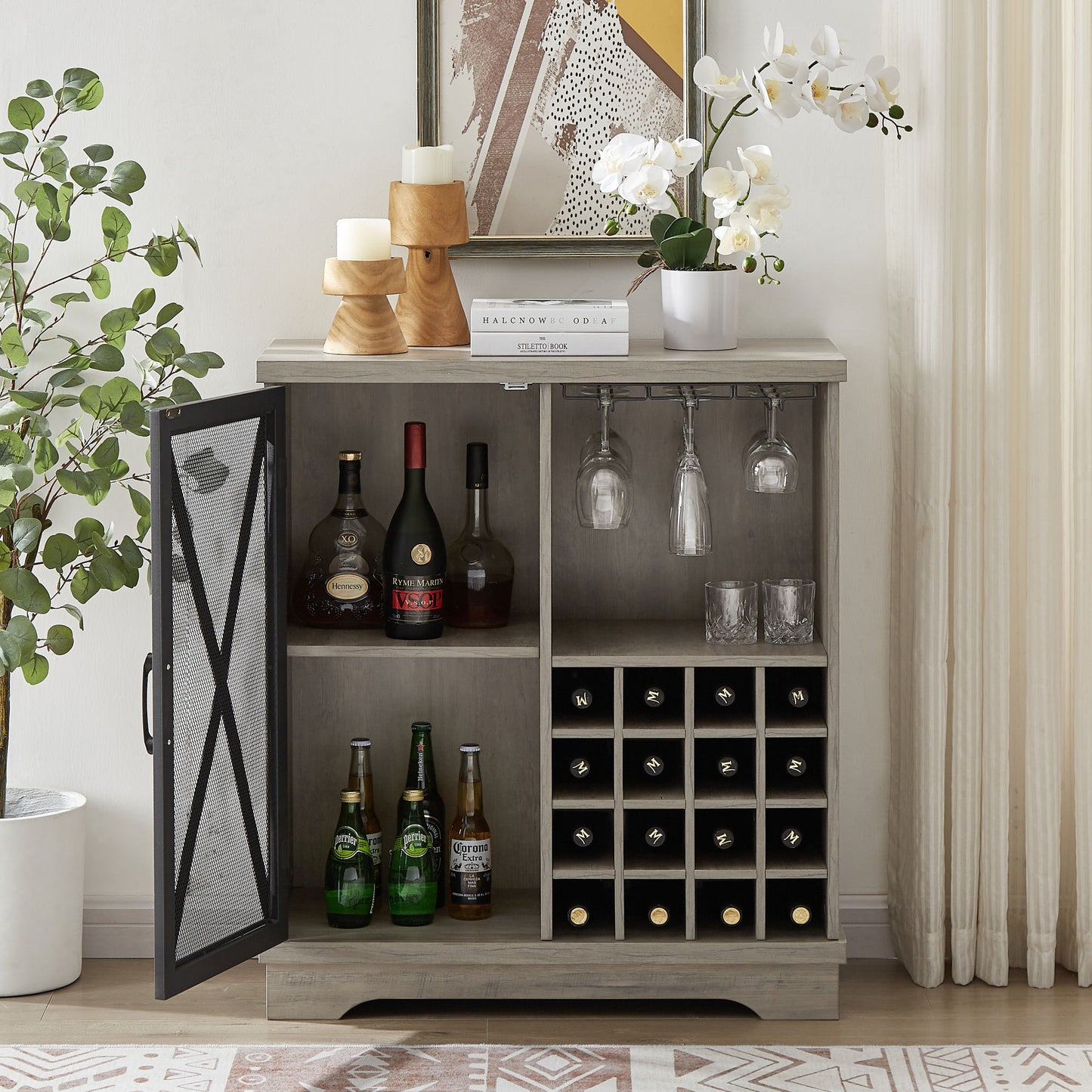 Single door wine cabinet with 16 wine storage compartments (Gray; 31.50" W*13.78" D*35.43" H)