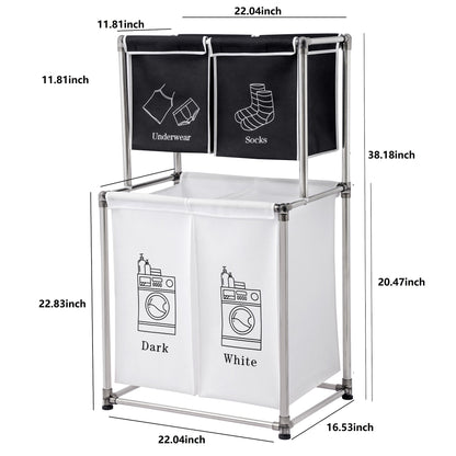 Laundry Hamper 2 Tier Laundry Sorter with 4 Removable Bags for Organizing Clothes; With four wheels for easy movement;  Laundry;  Lights;  Darks