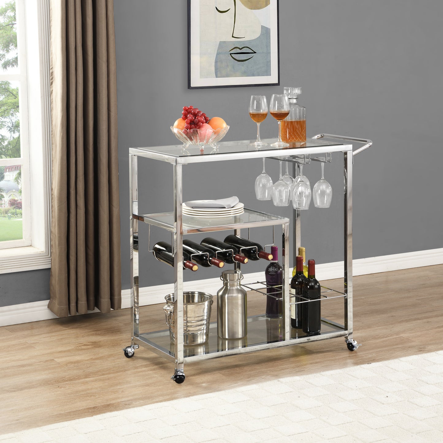 Bar Cart for Home, 3-Tier Mobile Kitchen Serving Cart with Glass Holder and Wine Rack, Rolling Wine Trolley with Tempered Glass and Chrome-Finished Metal Frame (Sliver)