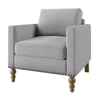 Classic Linen Armchair Accent Chair with Bronze Nailhead Trim Wooden Legs Single Sofa Couch for Living Room, Bedroom, Balcony, Light Gray