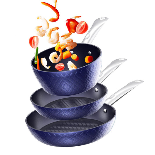 Frying Pan Sets Non Stick 3Pieces; Blue 3D Diamond Cookware; 20/24cm Frying Pan; 18cm Saucepan - Pots and Pans Set; Aluminum Ceramic Coating - Suitable for Induction Hob Oven; Amazon Banned