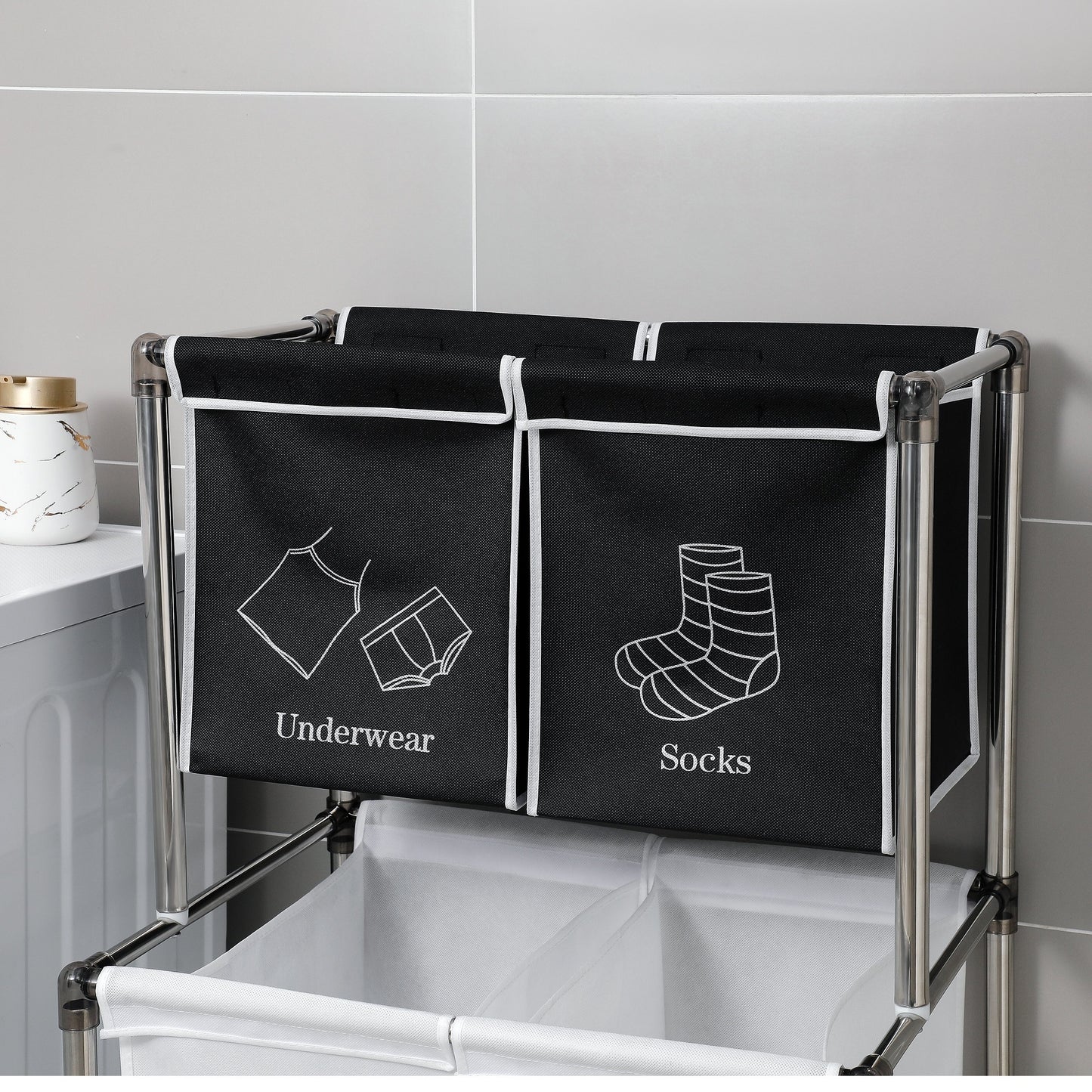 Laundry Hamper 2 Tier Laundry Sorter with 4 Removable Bags for Organizing Clothes; With four wheels for easy movement;  Laundry;  Lights;  Darks