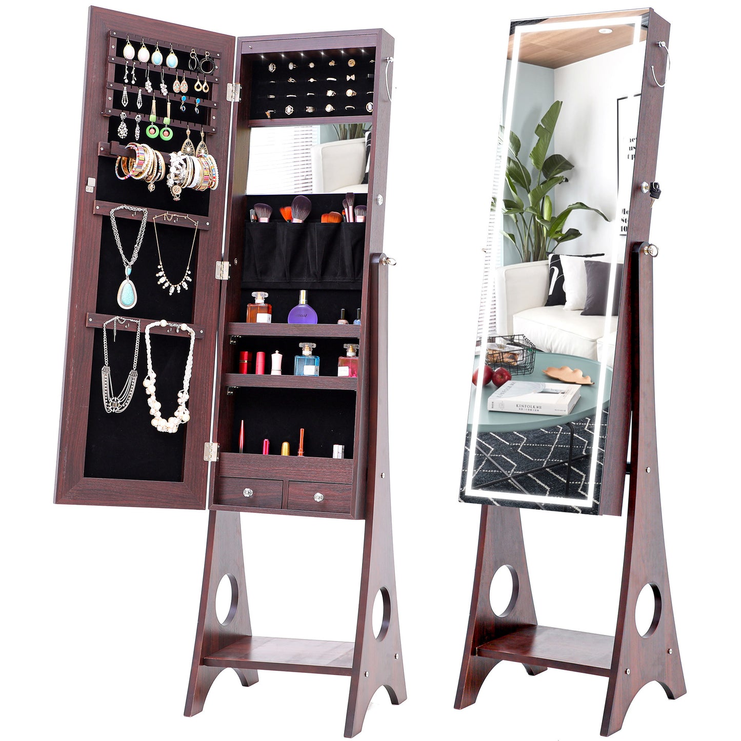 8 LEDs Jewelry Cabinet Armoire with Beveled Edge Mirror, Gorgeous Jewelry Organizer Large Capacity