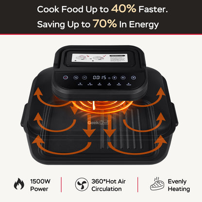 Geek Chef 7 In 1 Smokeless Electric Indoor Grill with Air Fry, Roast, Bake, Portable 2 in 1 Indoor Tabletop Grill & Griddle with Preset Function, Removable Non-Stick Plate, Air Fryer Basket, 6-Serving