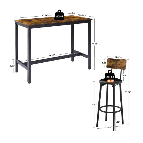 Bar Table Set with 4 Bar stools PU Soft seat with backrest (Rustic Brown; 47.24''w x 23.62''d x 35.43''h)