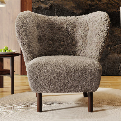 Modern Accent Chair Lamb skin Wingback Tufted Side Chair with Solid Wood Legs,Light Brown