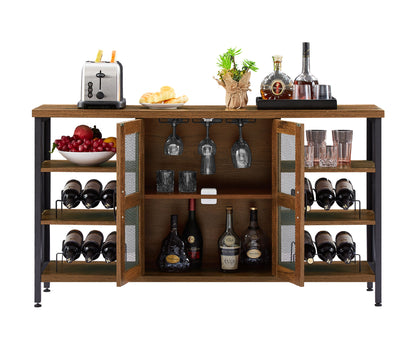 Industrial Wine Bar Cabinet; Liquor Storage Credenza; Sideboard with Wine Racks & Stemware Holder (Hazelnut Brown; 55.12''w x 13.78''d x 30.31' ' h)