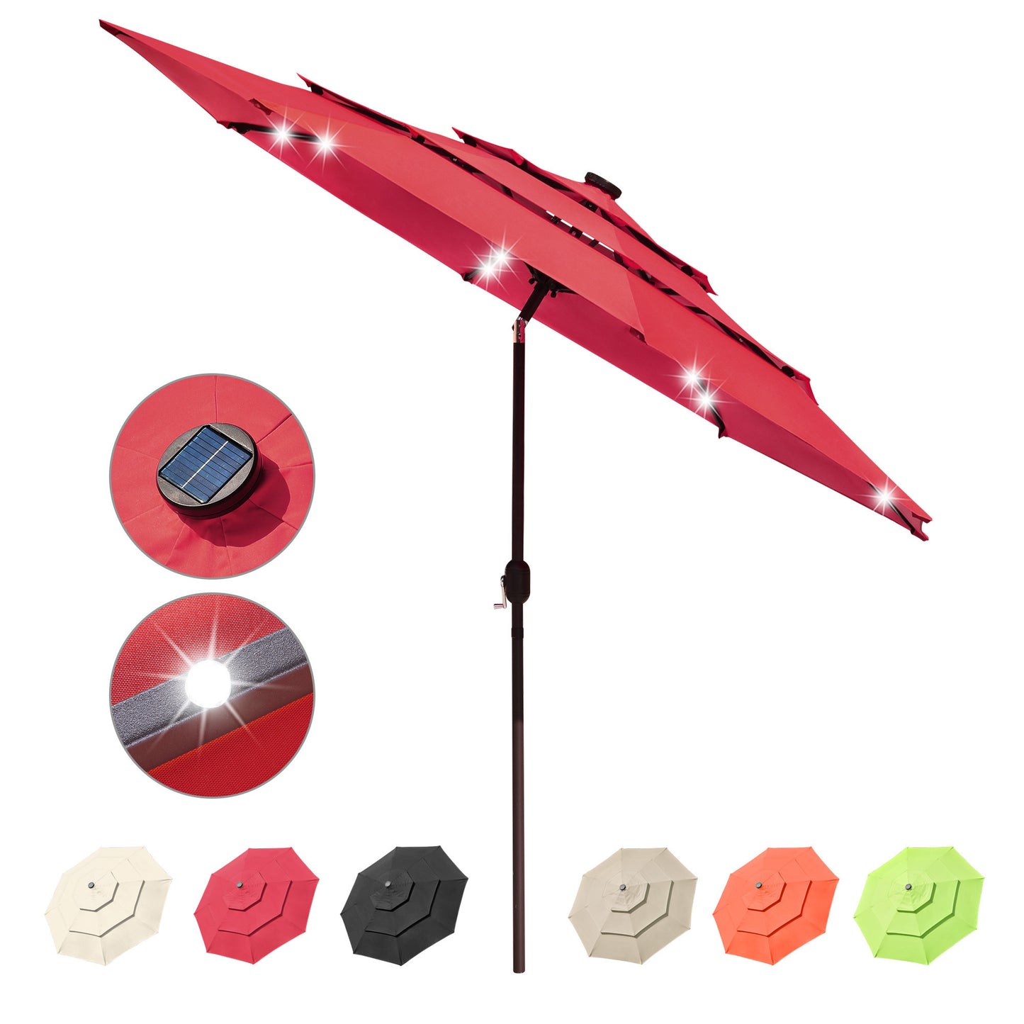 10Ft 3-Tiers 32LEDS Patio Umbrella Red