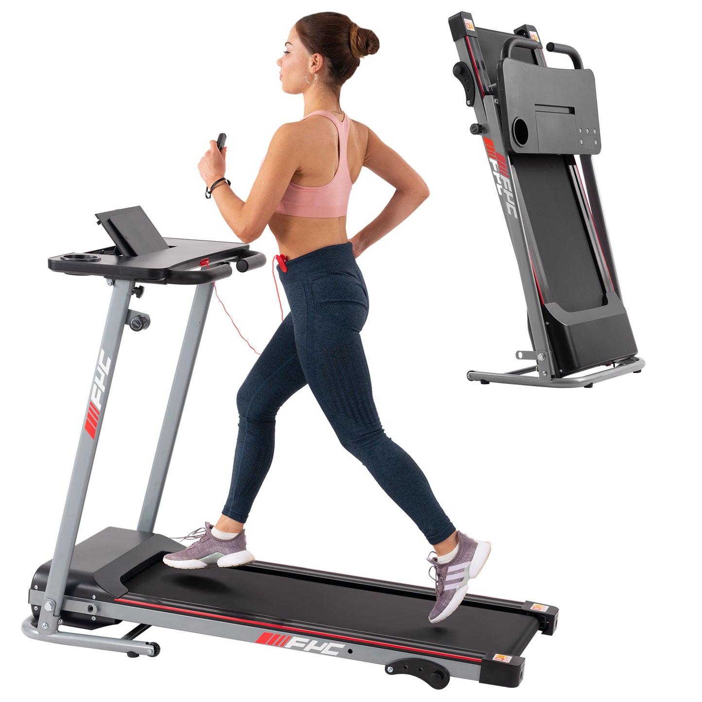 FYC Folding Treadmill for Home with Desk - 2.5HP Compact Electric Treadmill for Running and Walking Foldable Portable Running Machine for Small Spaces Workout;  265LBS Weight Capacity