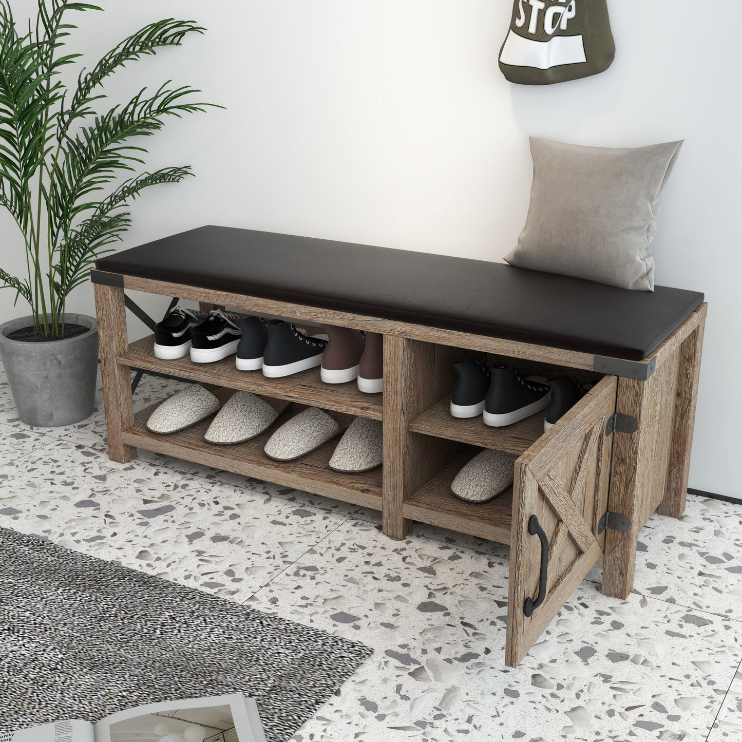 WESOME Modern Farmhouse Tobacco Wood Shoes Bench