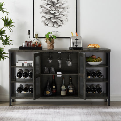 Industrial Wine Bar Cabinet; Liquor Storage Credenza; Sideboard with Wine Racks & Stemware Holder (Dark Grey; 55.12''w x 13.78''d x 30.31' ' h)