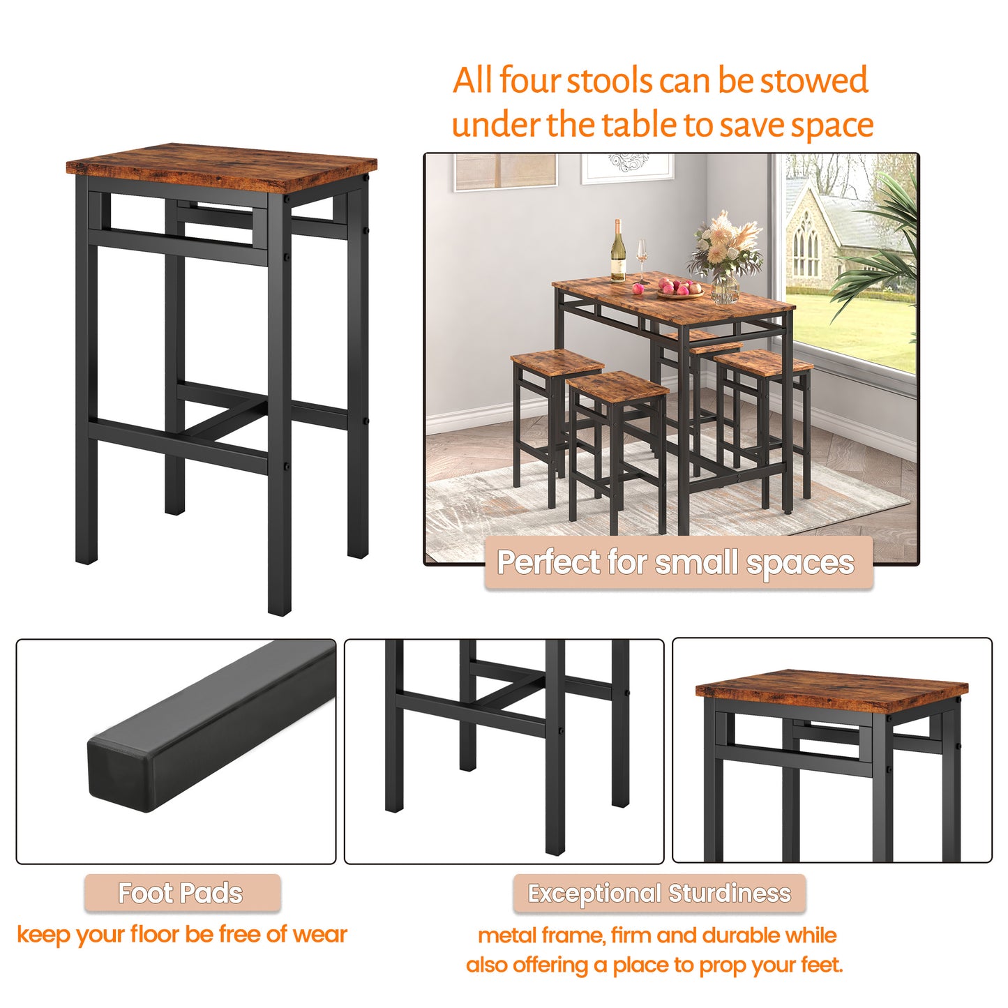 Bar table set 5PC Dinging table set with high stools; structural strengthening; industrial style (Rustic Brown; 43.31''w x 23.62''d x 35.43''h)