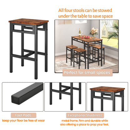 Bar table set 5PC Dinging table set with high stools; structural strengthening; industrial style (Rustic Brown; 43.31''w x 23.62''d x 35.43''h)