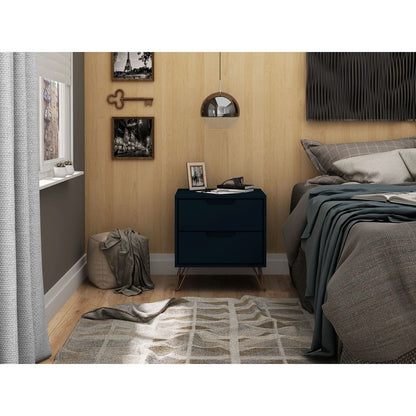 Manhattan Comfort Rockefeller 2.0 Mid-Century- Modern Nightstand with 2-Drawer in Tatiana Midnight Blue