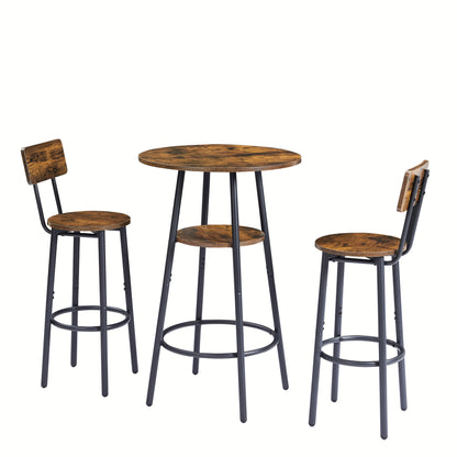 double -layer round bar table set 3PC breakfast table; including 2 back stools with back(Rustic Brown; 23.62''w x 23.62''d x 35.43''h)