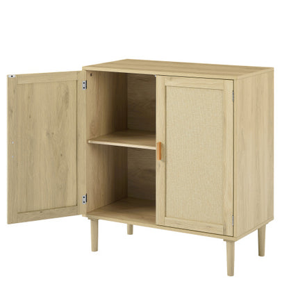 Mid-Century 2-Door Accent Chest; Wood Storage Cabinet with Shelf and Fabric Covered Panels(Natural; 31.5''w x 15.8''d x 34.6"h).