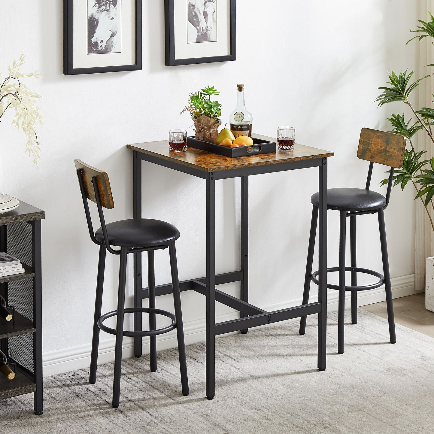 Bar Table Set with 2 Bar stools PU Soft seat with backrest (Rustic Brown; 23.62''w x 23.62''d x 35.43''h)