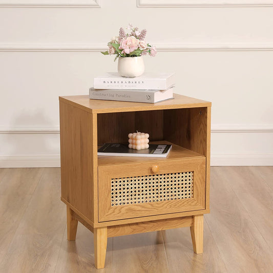 Nightstand with Natural Rattan Door Rattan Drawer;  Wooden Bedside Table End Table for Living Room and Bedroom