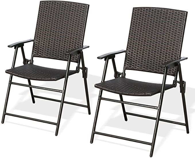 Rattan Folding Outdoor Patio Dining Chairs with Armrest Foldable Wicker Chairs Set of Two