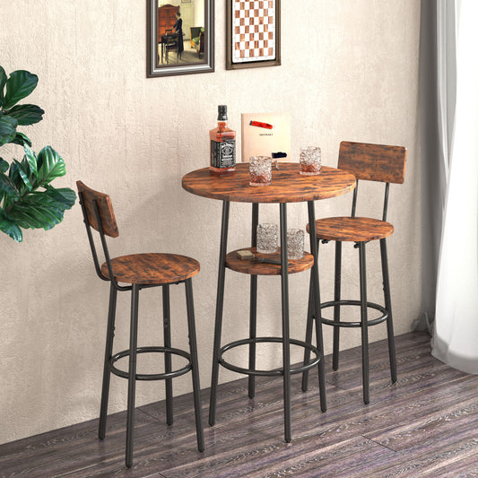 double -layer round bar table set 3PC breakfast table; including 2 back stools with back(Rustic Brown; 23.62''w x 23.62''d x 35.43''h)
