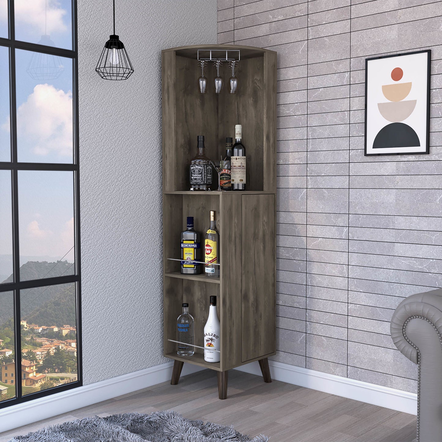 Quinn Corner Bar Cabinet; Two External Shelves; One Drawer; Two Interior Shelves