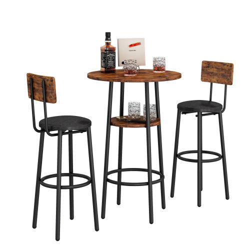 Double Layer Round Bar Table with 2 Bar Stools PU Soft Seat Back Breakfast table.(Rustic Brown; 23.62''w x 23.62''d x 35.43''h)