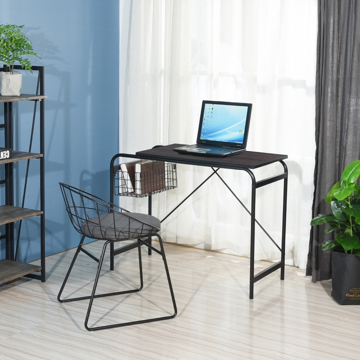 31.5" Computer Desk/ Home office desk With Wire Storage Basket - walnut & black
