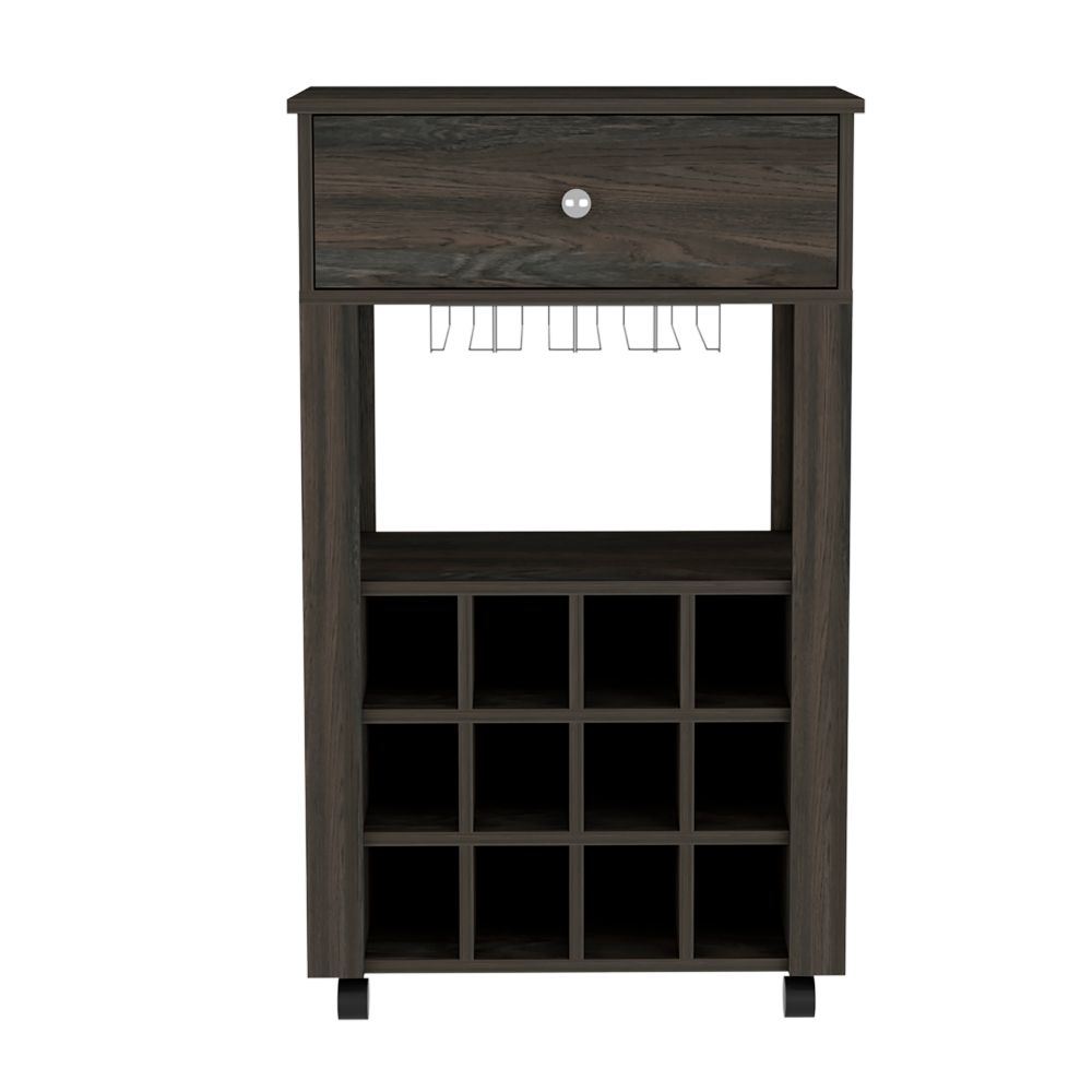 Ace Bar Cart; Twelve Built-in Wine Rack; Four Legs; One Open Shelf