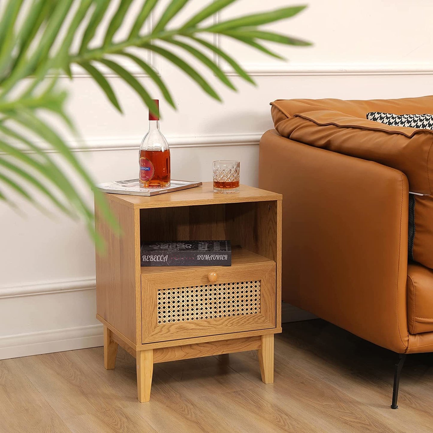 Nightstand with Natural Rattan Door Rattan Drawer;  Wooden Bedside Table End Table for Living Room and Bedroom