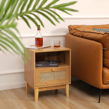 Nightstand with Natural Rattan Door Rattan Drawer;  Wooden Bedside Table End Table for Living Room and Bedroom