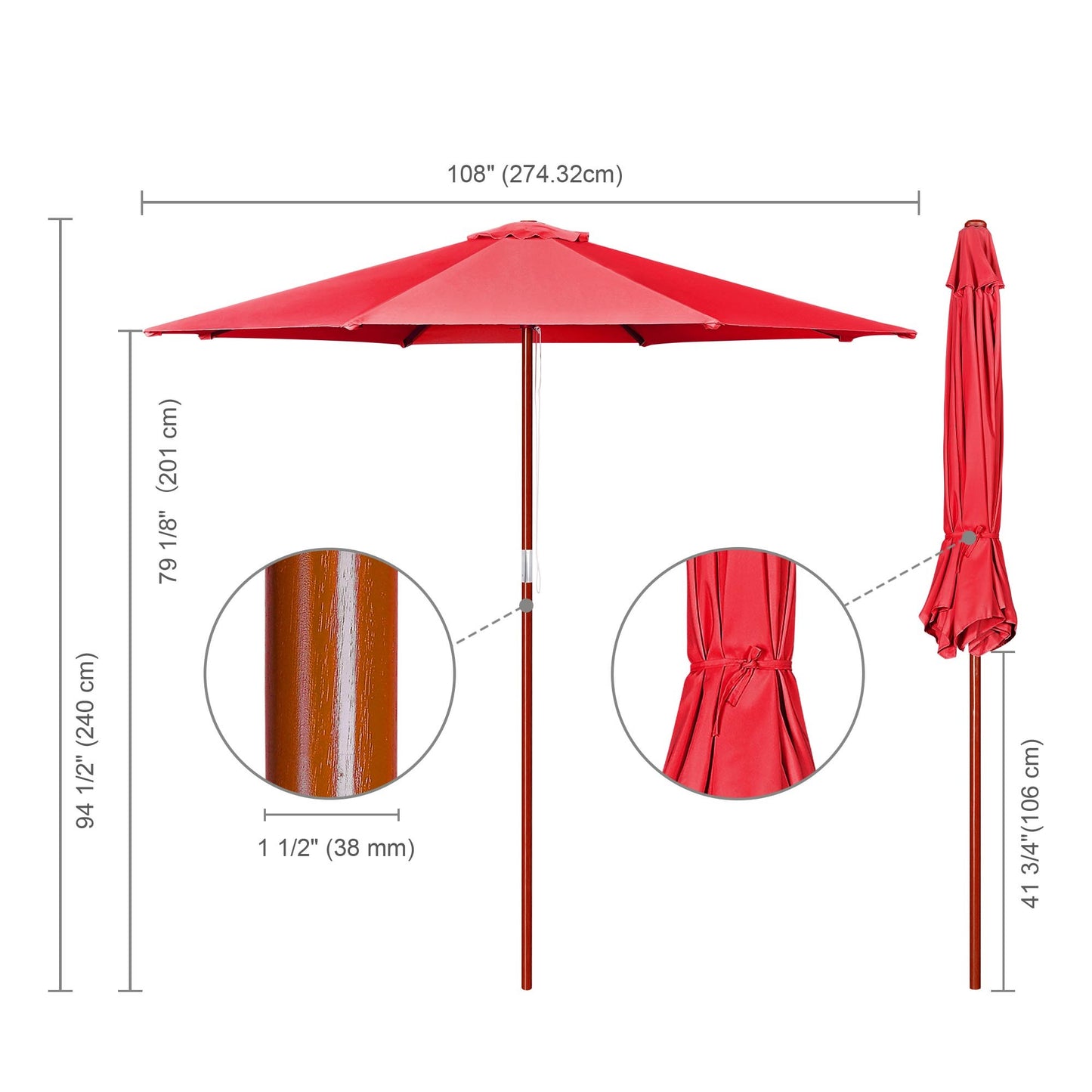 9 Ft Wooden Umbrella Red