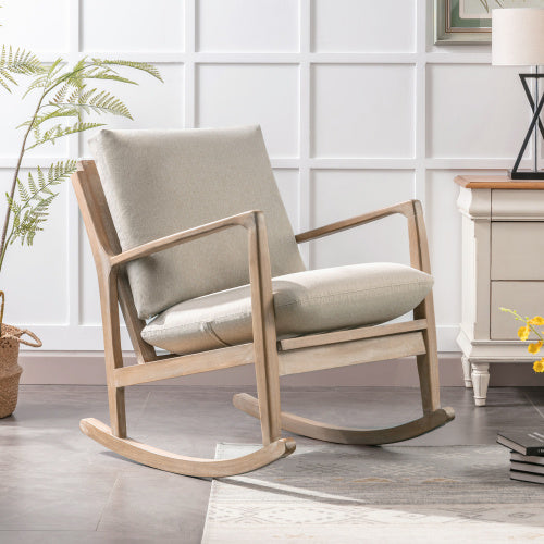 Solid Wood Rocking Chair Nursery Chair, Linen Fabric Upholstered Comfy Accent Chair for Porch, Garden Patio, Balcony, Living Room and Bedroom, Beige