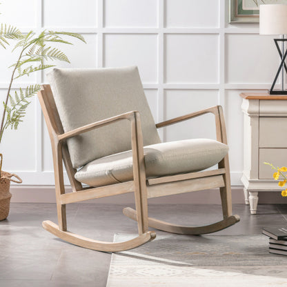 Solid Wood Rocking Chair Nursery Chair, Linen Fabric Upholstered Comfy Accent Chair for Porch, Garden Patio, Balcony, Living Room and Bedroom, Beige