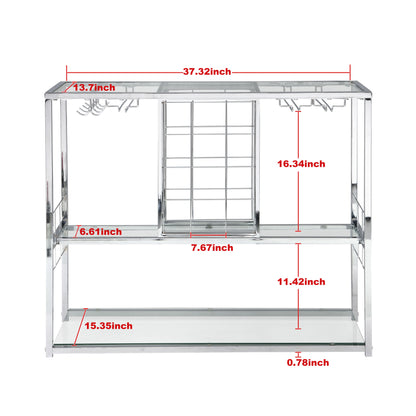 Bar Serving Cart with Glass Holder and Wine Rack, 3-Tier Kitchen Trolley with Tempered Glass Shelves and Chrome-Finished Metal Frame, Mobile Wine Cart for Home (Silver)