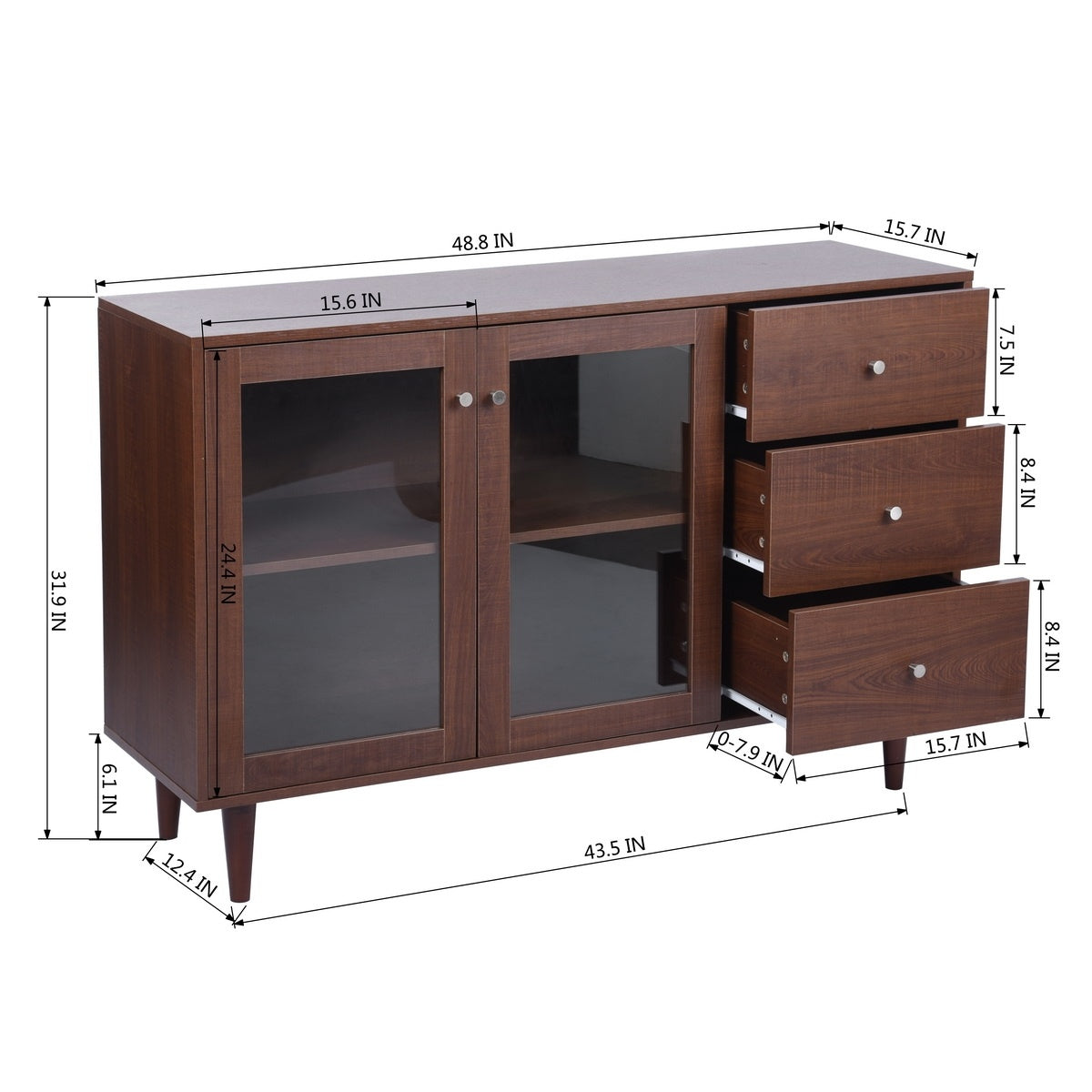 48.8" Sideboard with 2 Glass Door Cabinet 3 Drawer , brown