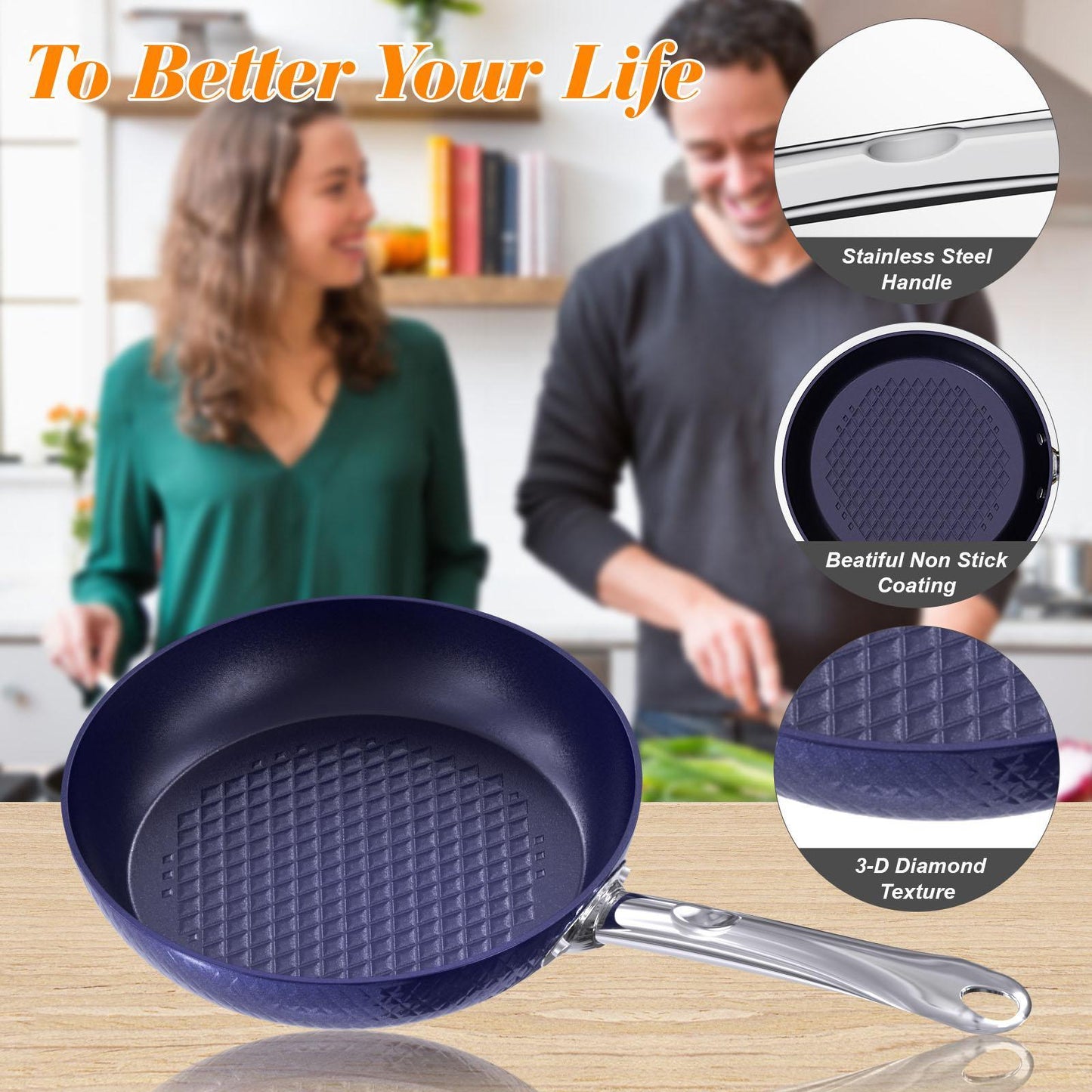 Frying Pan Sets Non Stick 3Pieces; Blue 3D Diamond Cookware; 20/24cm Frying Pan; 18cm Saucepan - Pots and Pans Set; Aluminum Ceramic Coating - Suitable for Induction Hob Oven; Amazon Banned