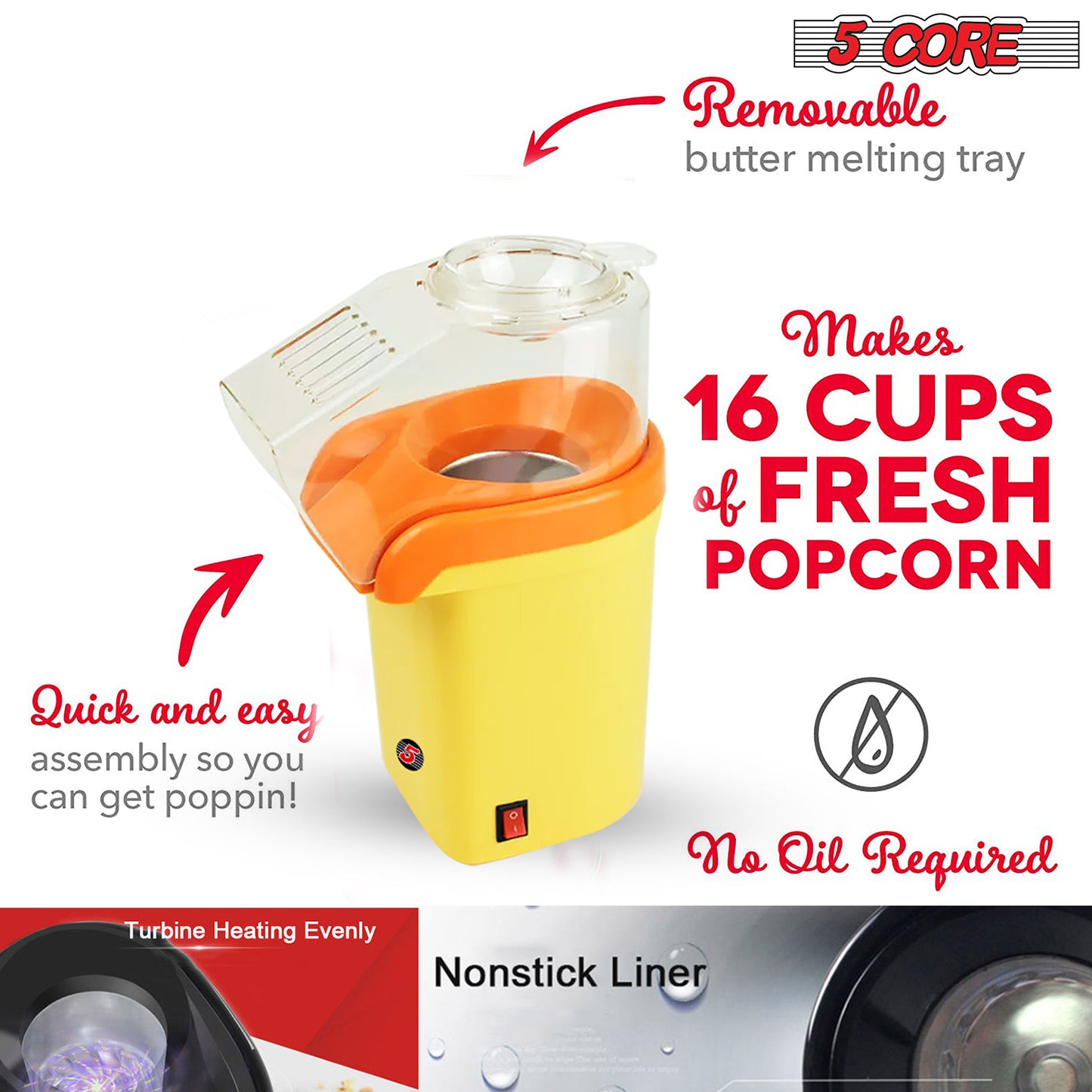 5Core Popcorn Machine Hot Air Electric Popper Kernel Corn Maker Bpa Free No Oil POP Y