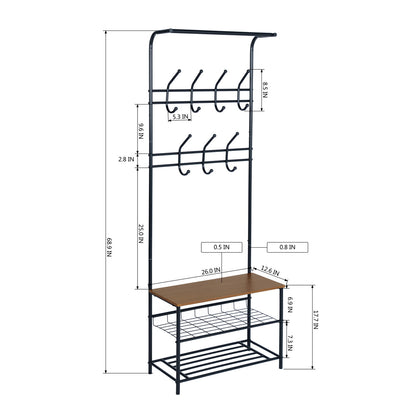 Clothes Rack Heavy Duty Metal Garment Rack Small Clothing Rack with Bottom Shelves for Bedroom, Walnut & Black