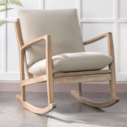 Solid Wood Rocking Chair Nursery Chair, Linen Fabric Upholstered Comfy Accent Chair for Porch, Garden Patio, Balcony, Living Room and Bedroom, Beige