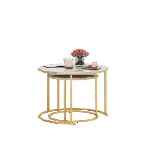 Marble Coffee Table End table 12-gon Shape; 25.6 " White Artificial Marble Top and Black Metal Legs can be used in living room; outdoor; anti-tip.(white+golden; 25.6"W x 25.6"D x 18.4"H)