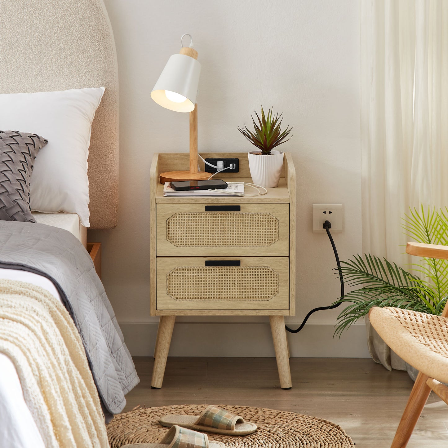 Rattan nightstand with socket side table natural handmade rattan(Natural 15.55''W*13.78''D*23.82''H)
