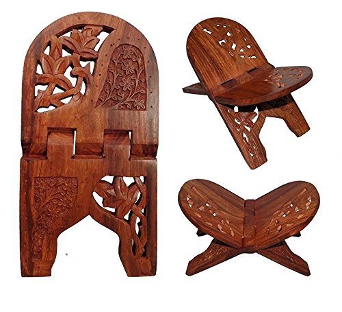 WILLART Large Beautiful Wooden Floral Carved Holy Gita Quran Bible Book Holder Free Reading Book Support Folding Religious Prayer Display Stand