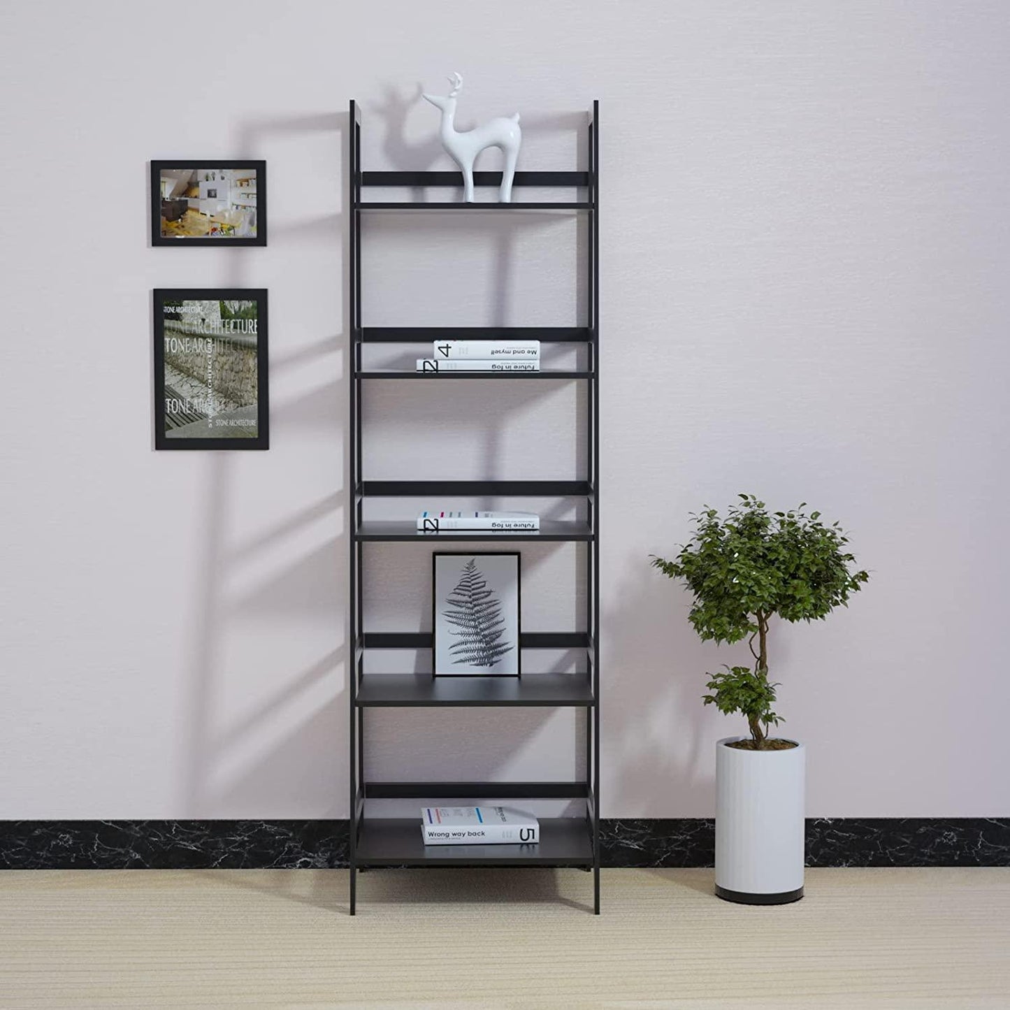 WTZ Bookshelf; Ladder Shelf; 5 Tier Bamboo Bookcase; Modern Open Book Case for Bedroom; Living Room; Office; BC-238 Black