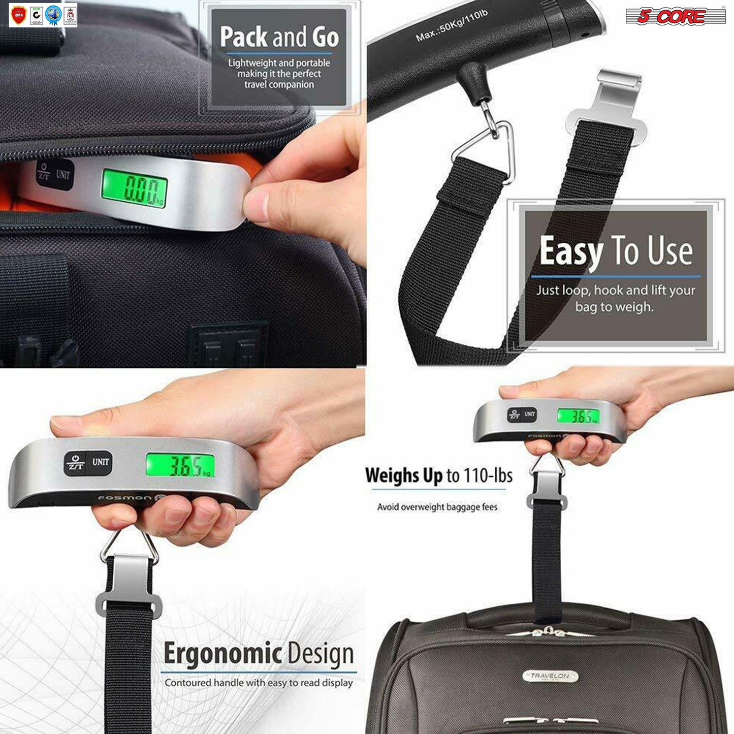 5Core 2 Pack Portable Travel LCD Digital Hanging Luggage Scale Electronic Weight 110lb LSS-004 2pcs